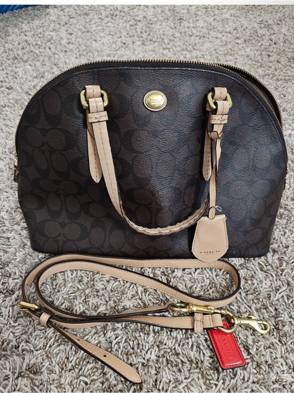 Coach Brown Signature Dome Satchel with Tan Trim and Red Tag